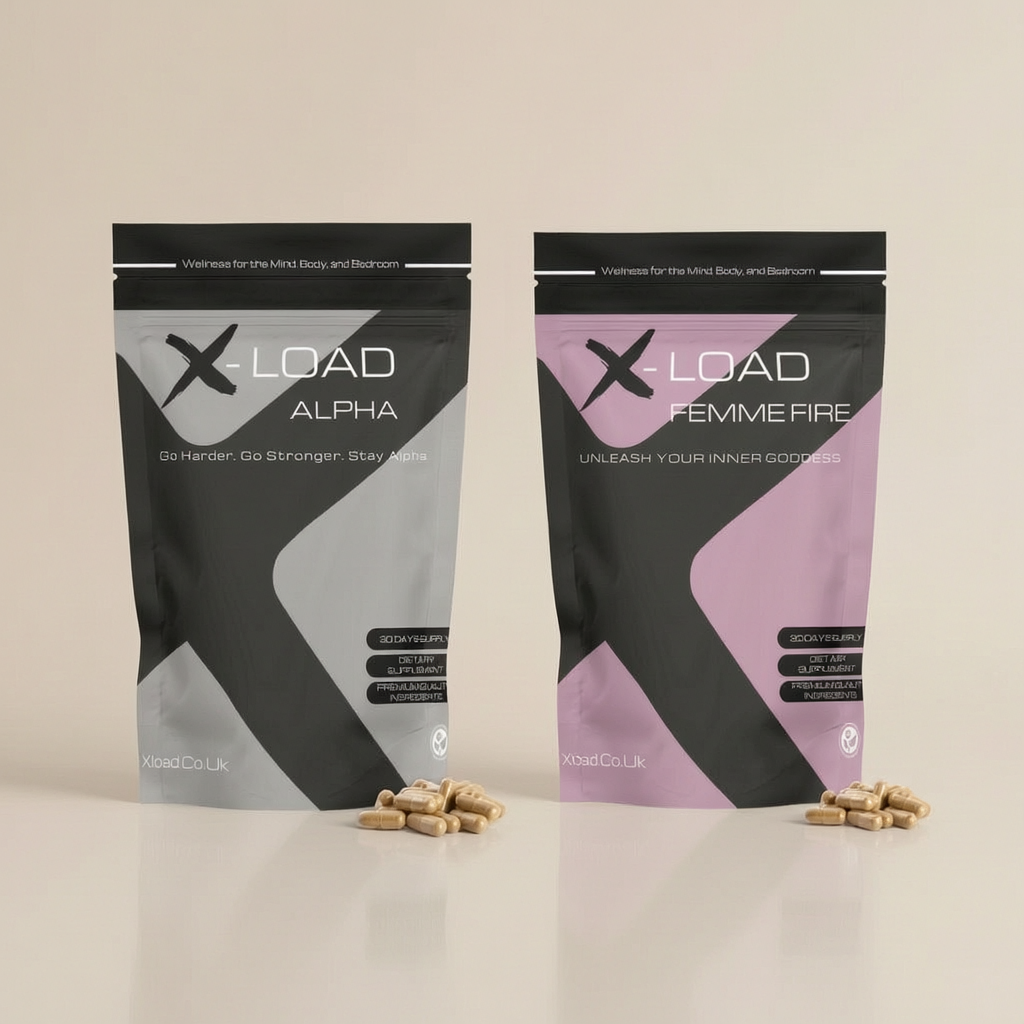 Two X-Load supplement packages on a beige background