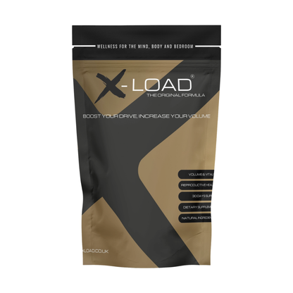 X-Load supplement powder in a resealable stand-up pouch with a black and tan design, shown on a plain white background.