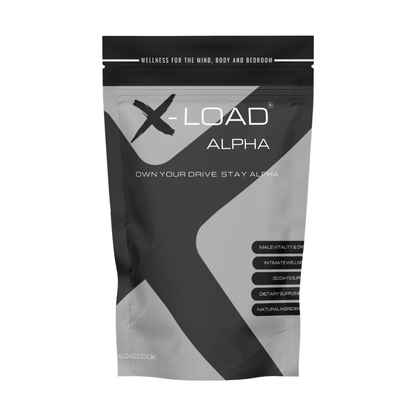 A stand-up pouch package for X-Load Alpha dietary supplement, featuring a black, gray, and white geometric design on a plain white background.