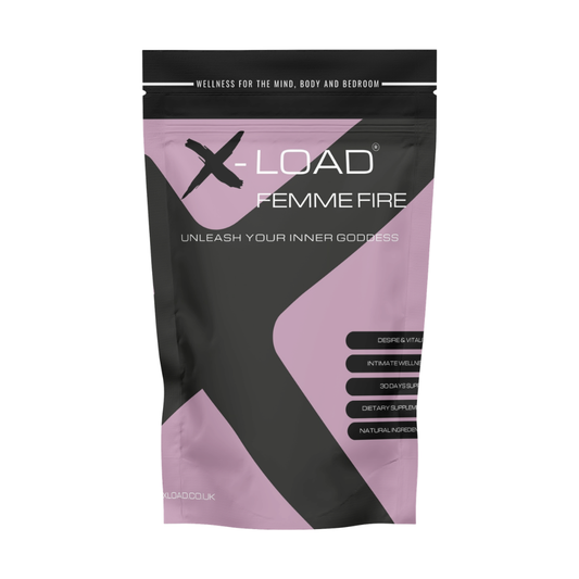 X-Load Femme Fire dietary supplement pouch on a plain white background. The packaging features a modern geometric design with black and dusty pink/lavender shapes, with the brand name 'X-LOAD' and product name 'FEMME FIRE' clearly visible.