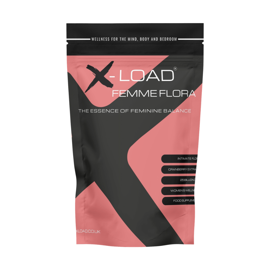 A stand-up pouch package for X-Load Femme Flora, featuring a black and dusty pink geometric design with white text on a plain white background.