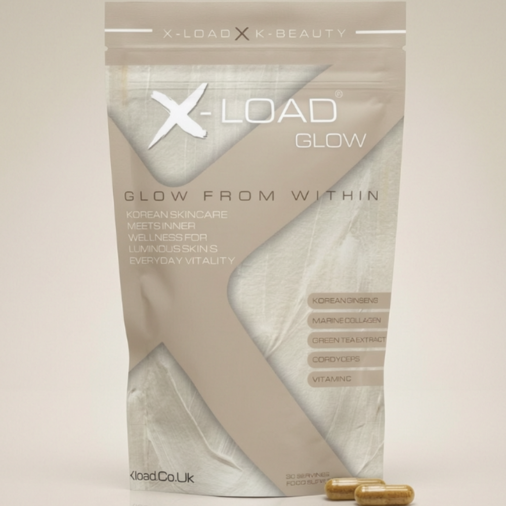 X-Load Glow package with capsules on a beige background