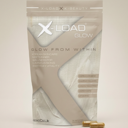 X-Load Glow package with capsules on a beige background