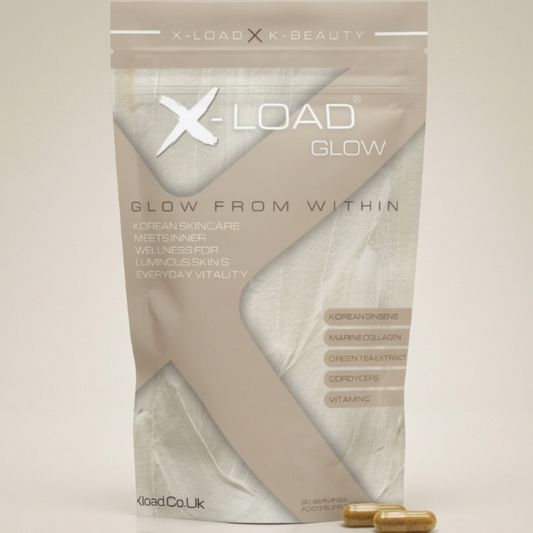 X-Load Glow package with capsules on a beige background