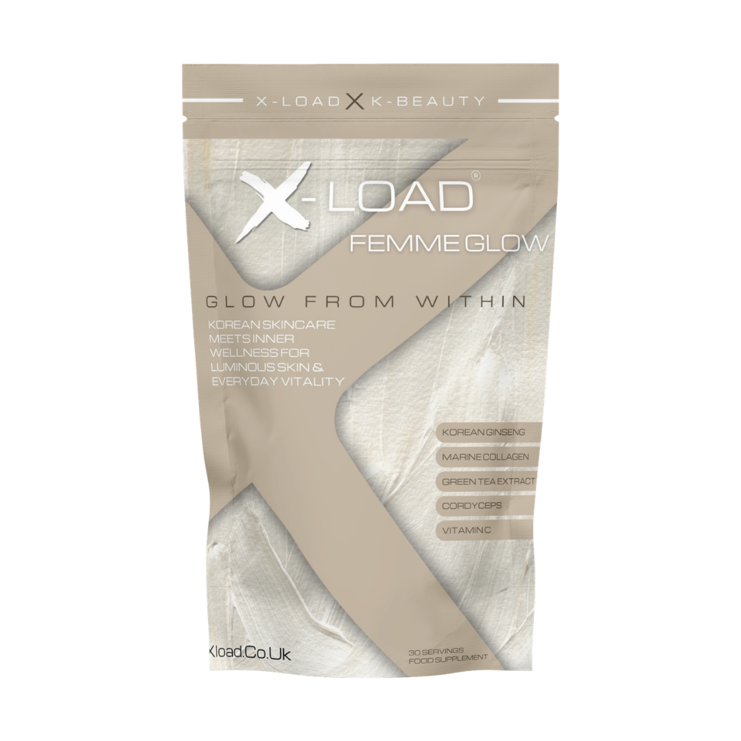 X-Load Femme Glow mid-tier powder supplement in a resealable stand-up pouch, featuring a beige and white color scheme with product details printed on the front.