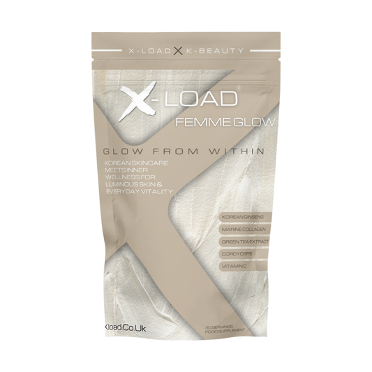 X-Load Femme Glow mid-tier powder supplement in a resealable stand-up pouch, featuring a beige and white color scheme with product details printed on the front.