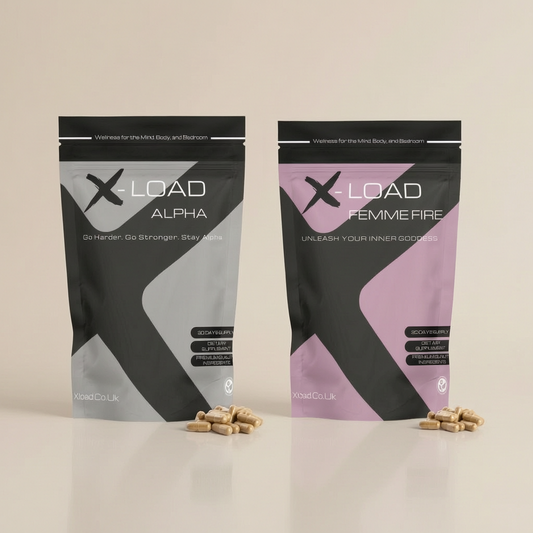 Two X-Load supplement packages on a beige background