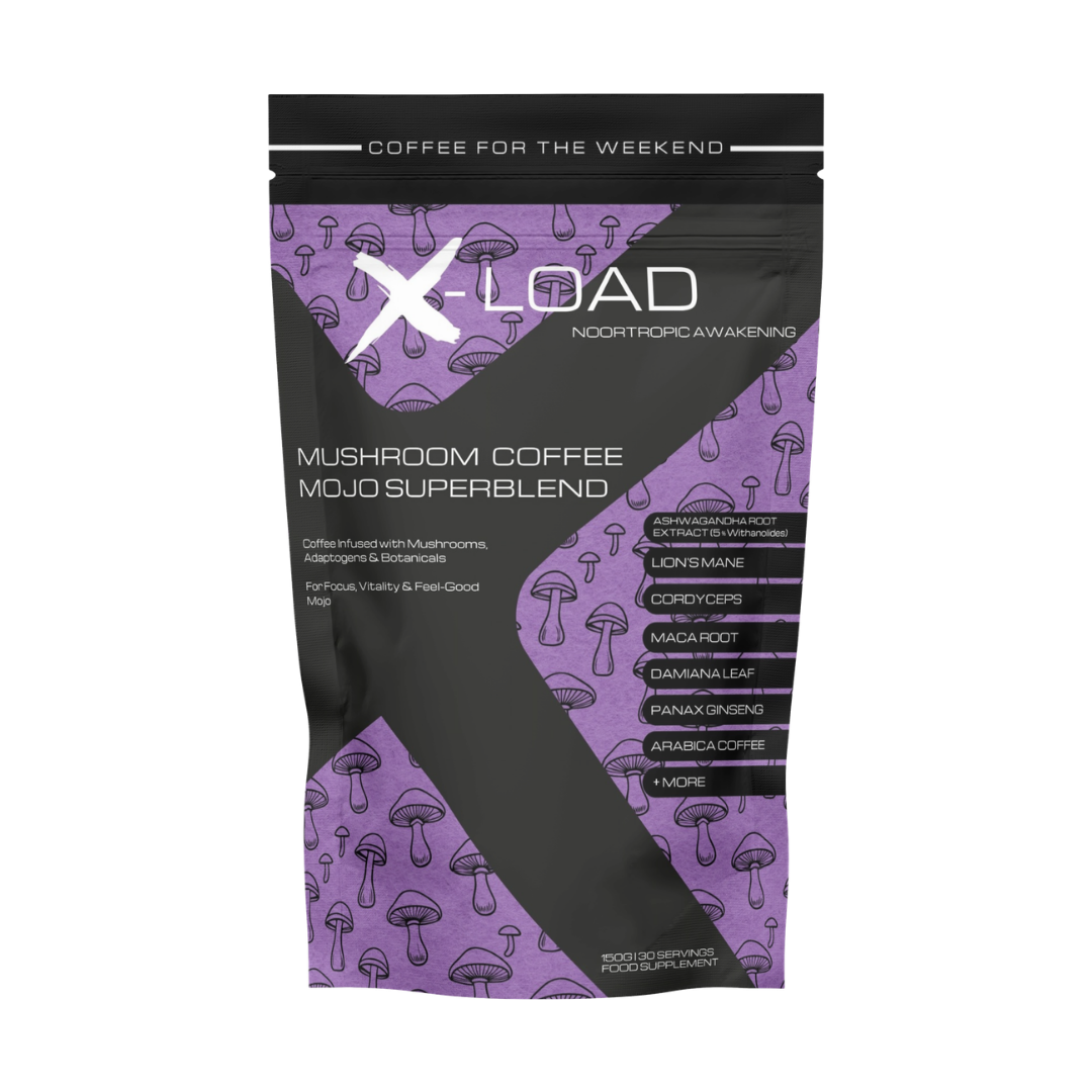 A stand-up pouch of X-Load Mushroom Coffee Mojo Superblend on a plain white background. The packaging features a black and purple design with mushroom illustrations, white text, and a diagonal split graphic.