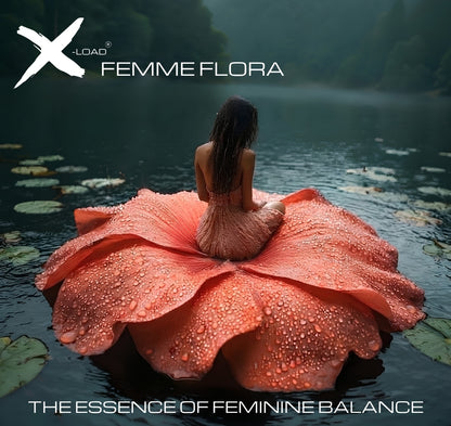 Album cover art for X-Load's 'Femme Flora' featuring a woman seated on a large water-droplet-covered pink flower floating on dark water, with the text 'THE ESSENCE OF FEMININE BALANCE' at the bottom.