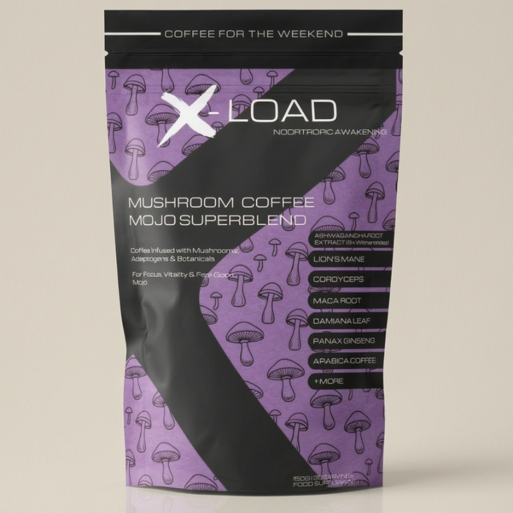 Purple and black package of X-Load Mushroom Coffee Mojo Superblend on a beige background