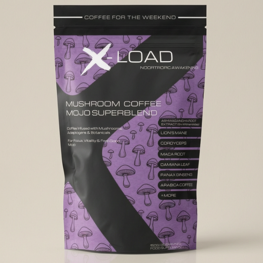 Purple and black package of X-Load Mushroom Coffee Mojo Superblend on a beige background