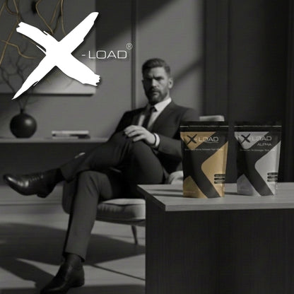 Man in a suit sitting in a modern room with X-Load products on a table.